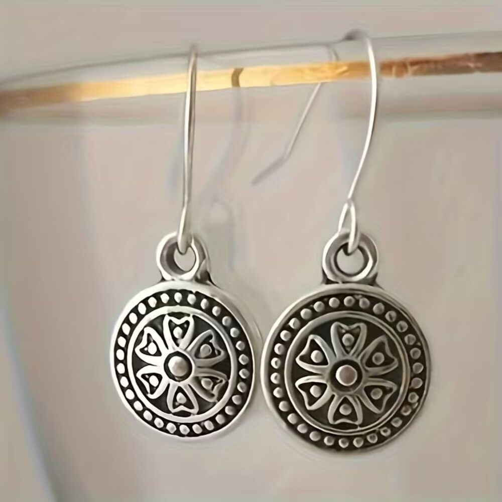 Round Silver Boho Drop Pendant Earrings Etched Dangle Charm Antique Style Dainty